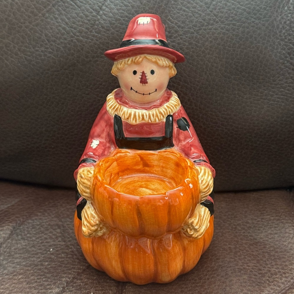 Scarecrow on Pumpkin 6.25” Ceramic Tea Light/Votive Candle Holder